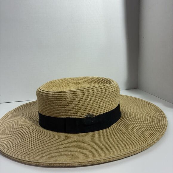 Scala Handmade Wide Brim Boater Straw Hat Tan Black Ribbon One Size Sun Hat - Picture 1 of 10